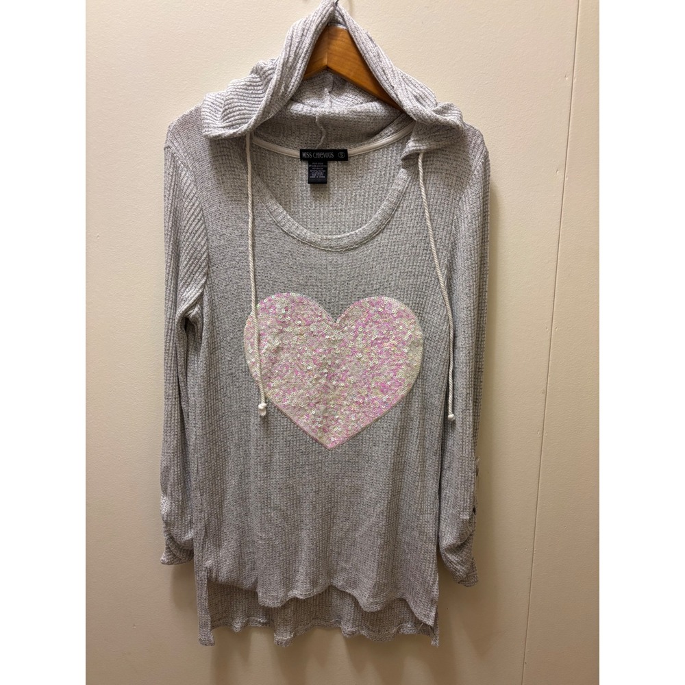 Miss Chievous Waffle Knit lite Hoodie Sequin Heart Heather Gray Sz S Lng Sleeve